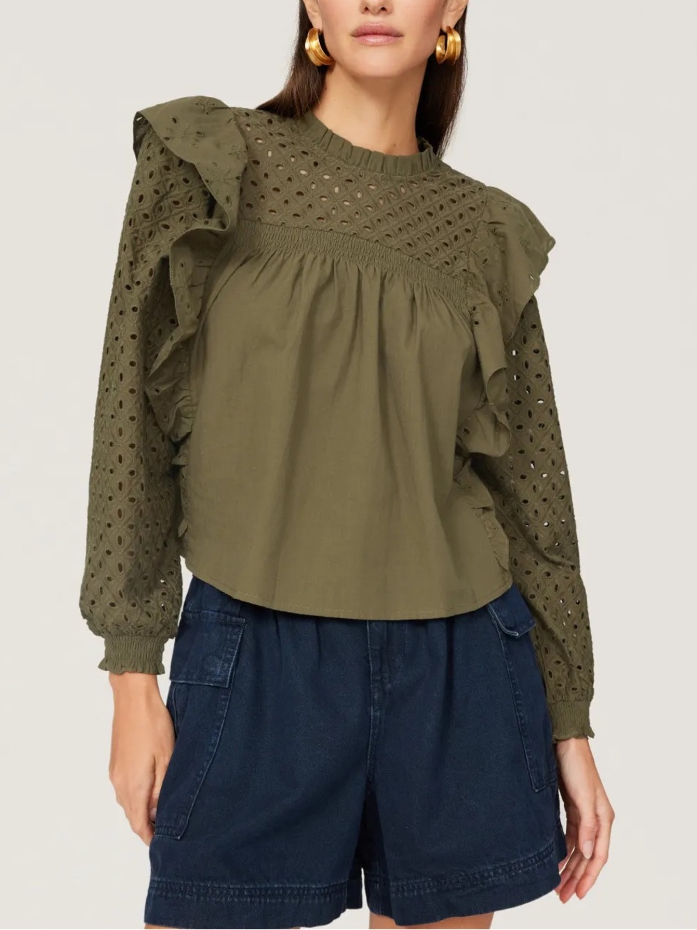 Maje Linode Olive Green Ruffled Crochet Eyelet Long Sleeve Top Sz L